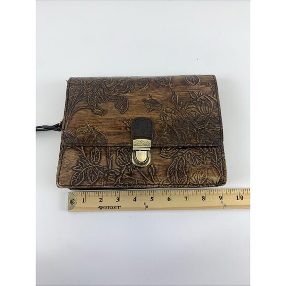 Patricia Nash Lanza Rose Tooled Leather Clutch Wristlet Brown Clasp Flap Small - Picture 15 of 16